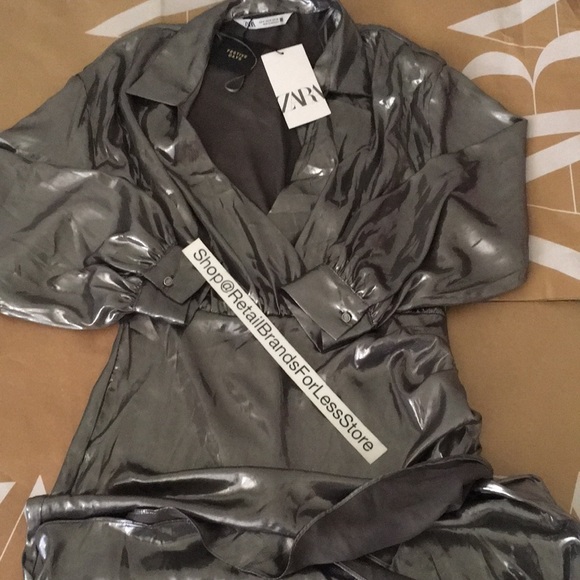 ZARA SILVER LAPEL SURPLICE WRAP EFFECT V NECK LAMINATED METALLIC DRESS $119 - Picture 10 of 13